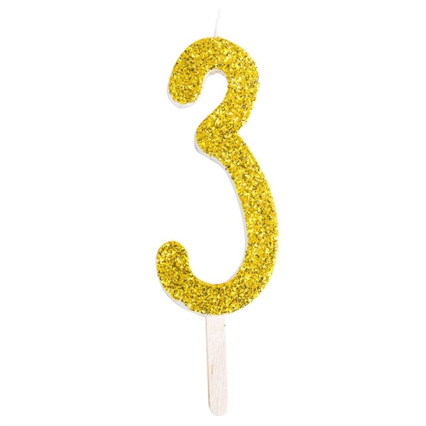 Number Candle - 3 - Glitter Gold